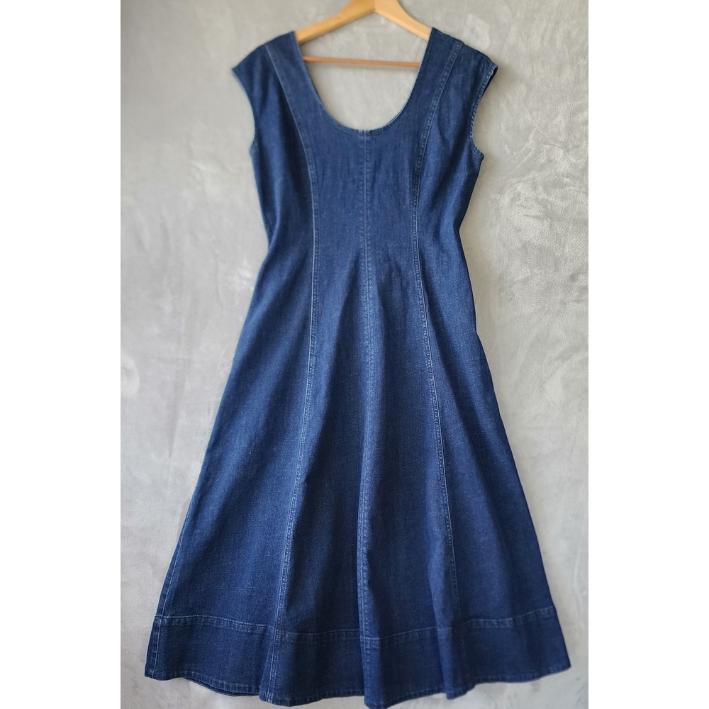 Madewell Denim Dress Size 4 Blue Seamed Scoop Back Pockets Stretch Midi NWT